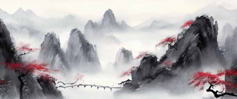 晚秋唯美红色树叶远景中国风水墨山水画,插画/手绘图,插画/手绘图库,插画/手绘图下载,插画/手绘